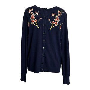 Melrose Chic Cardigan Sweater Sz Large Navy Blue Floral Embroidery Button Front